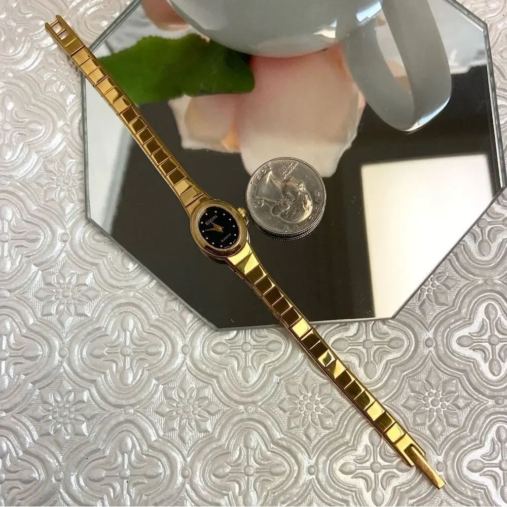Vintage Elgin Gold-Tone Black Dial Dainty Dress Watch